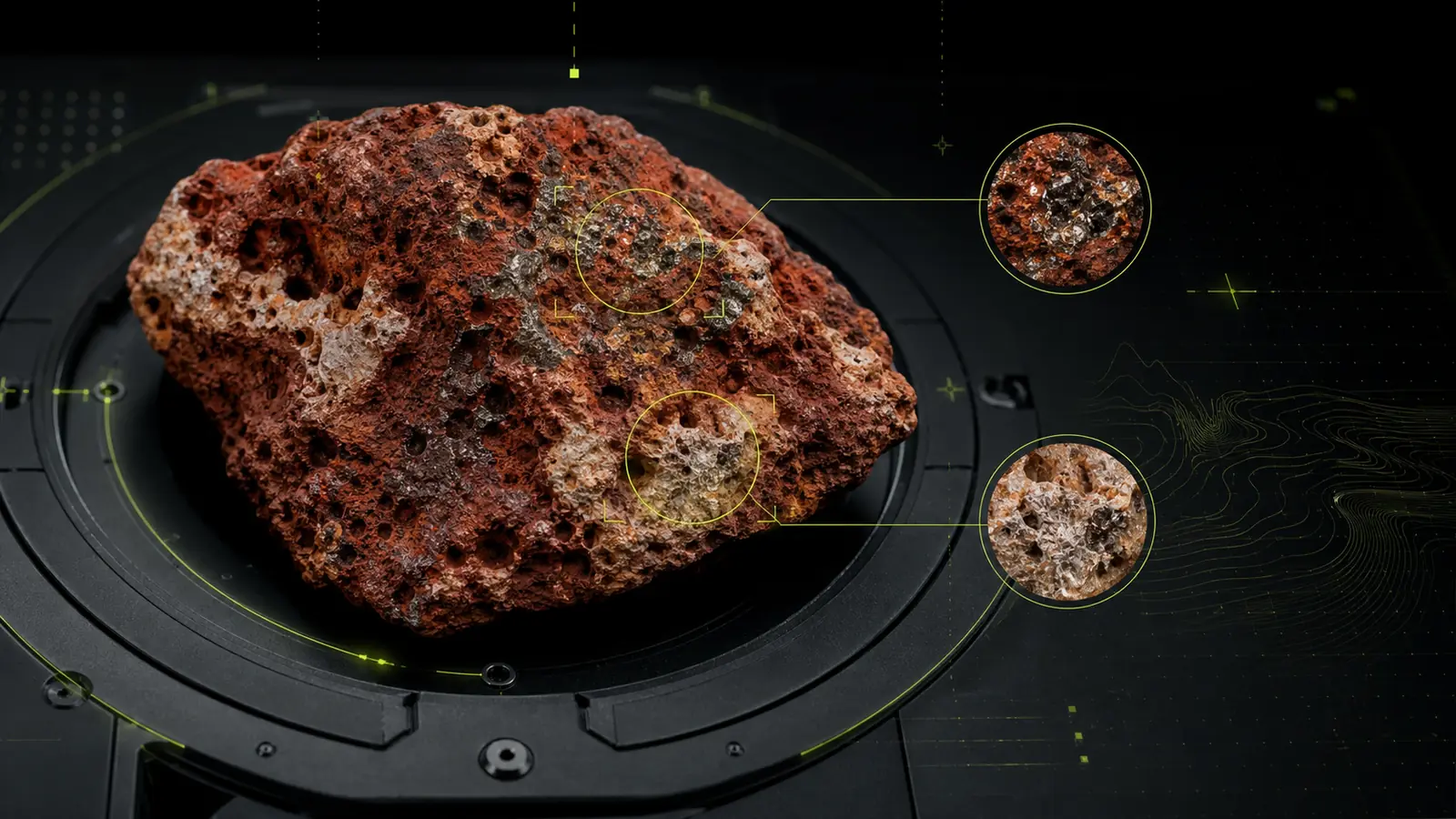 Illustrative reddish bauxite specimen on a dark analysis stage with magnified textures and neon-green inspection markers.