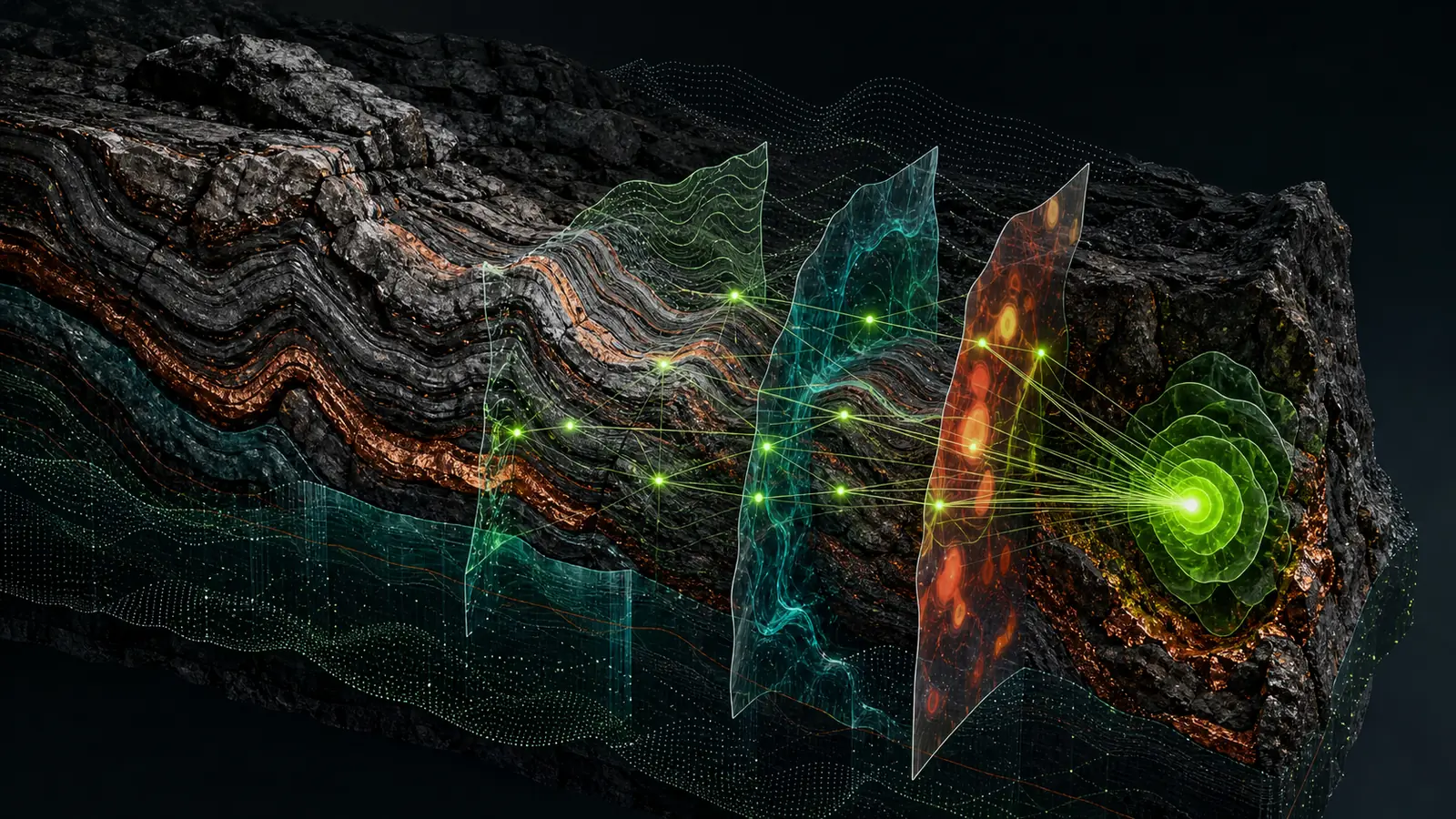 Illustrative folded geological strata intersected by transparent sensor-evidence layers and connected analytical nodes.
