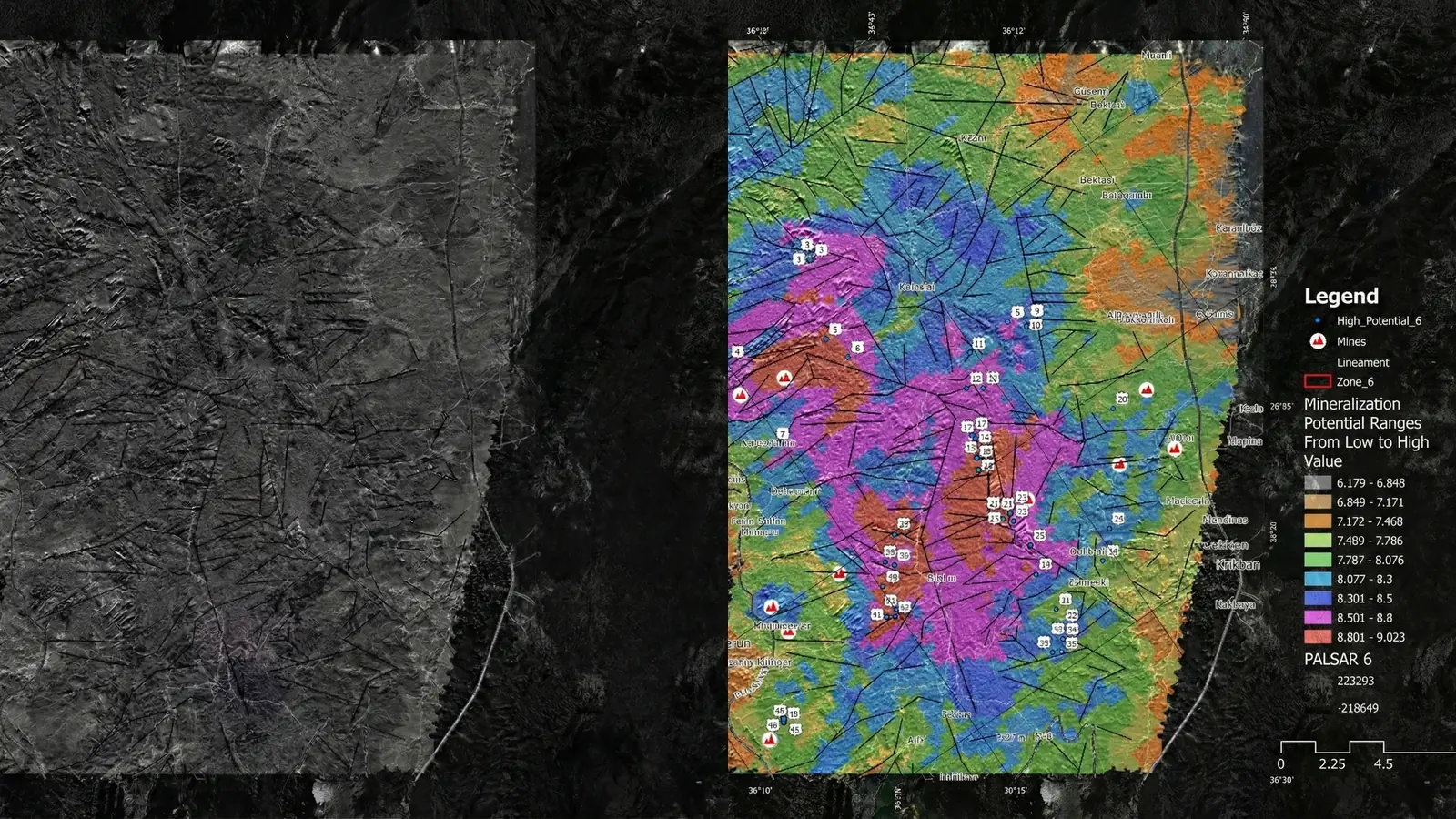 Side-by-side comparison of a monochrome remote-sensing input and a coloured mineral prospectivity decision layer for the same area.