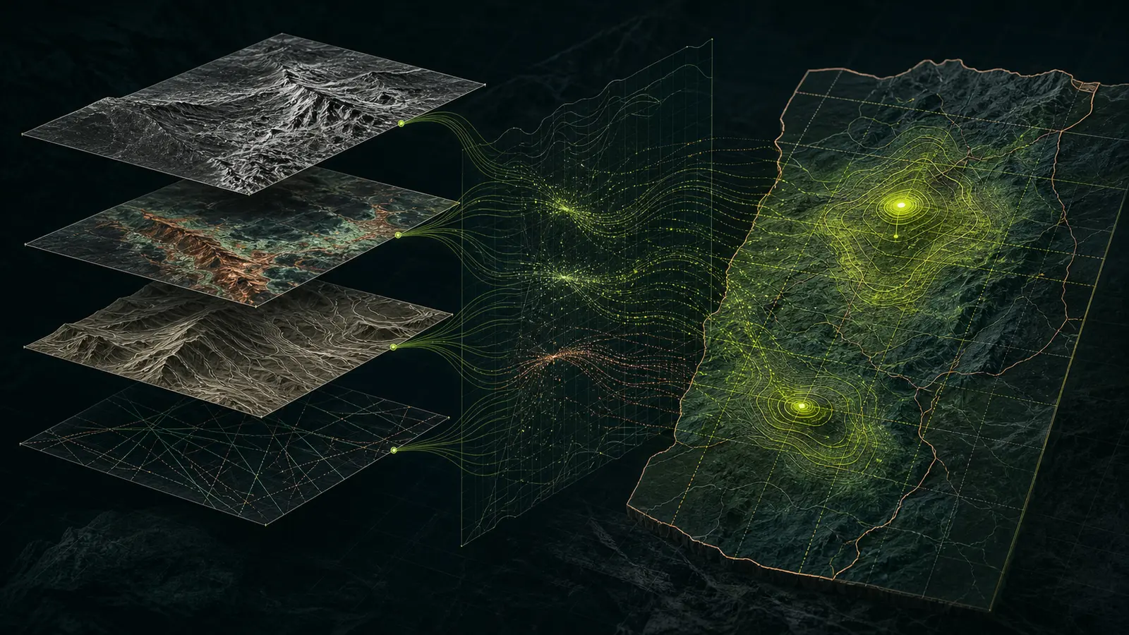 Four geological and remote-sensing evidence layers converging through an inspectable fusion field into a ranked regional prospectivity surface.
